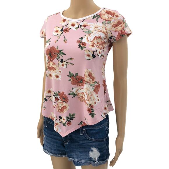 American Y2K XS Pink Floral Handkerchief Hem Velour/Microfiber Tee Top Shirt - Picture 1 of 6